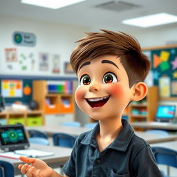 An animated young boy, very attractive and beautiful, enthusiastically speaking in a smart classroom, with a happy and cheerful expression on his face, surrounded by various high-tech learning materials and colorful posters on the wall