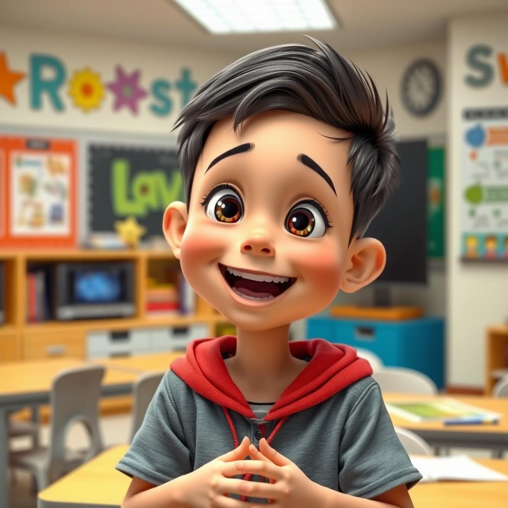 An animated young boy, very attractive and beautiful, enthusiastically speaking in a smart classroom, with a happy and cheerful expression on his face, surrounded by various high-tech learning materials and colorful posters on the wall