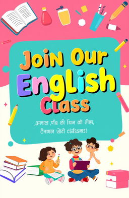 A vibrant and engaging banner designed for primary students promoting an English class