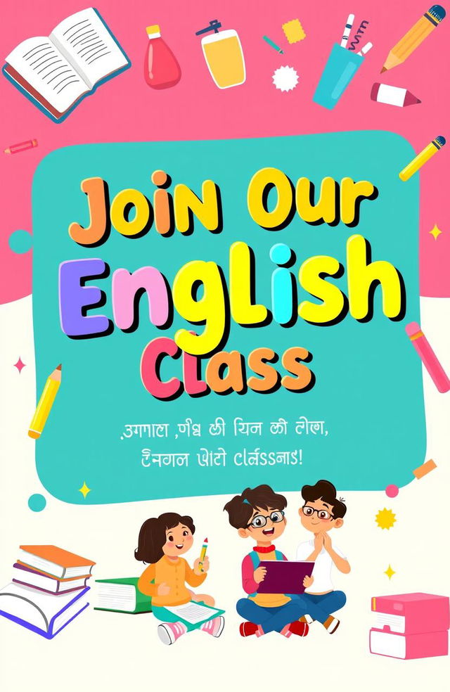 A vibrant and engaging banner designed for primary students promoting an English class