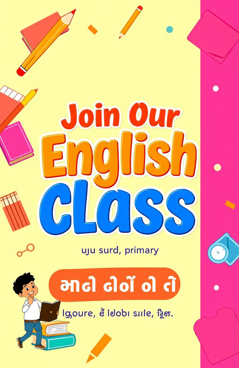 A vibrant and engaging banner designed for primary students promoting an English class