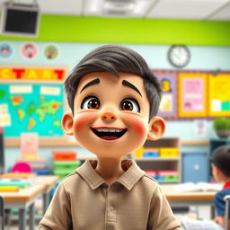 An animated young boy, very attractive and beautiful, enthusiastically speaking in a smart classroom, with a happy and cheerful expression on his face, surrounded by various high-tech learning materials and colorful posters on the wall