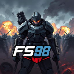 A dynamic and powerful illustration of a soldier clad in futuristic armor, standing heroically in a battlefield ready for war, with an intense expression on their face