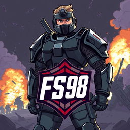 A dynamic and powerful illustration of a soldier clad in futuristic armor, standing heroically in a battlefield ready for war, with an intense expression on their face