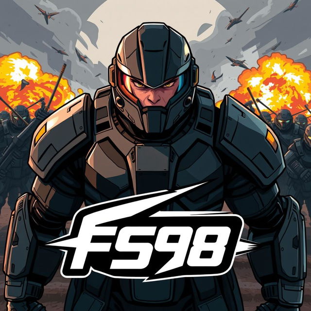 A dynamic and powerful illustration of a soldier clad in futuristic armor, standing heroically in a battlefield ready for war, with an intense expression on their face