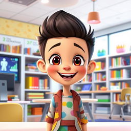 An animated cartoon boy with strikingly attractive and beautiful features, happily talking in a smart classroom setting