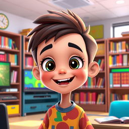 An animated cartoon boy with strikingly attractive and beautiful features, happily talking in a smart classroom setting
