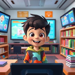 An animated cartoon boy with strikingly attractive and beautiful features, happily talking in a smart classroom setting