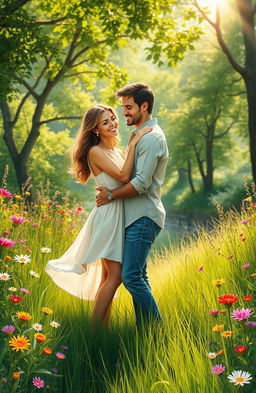 A stunning digital painting depicting a beautiful couple in a lush, vibrant natural setting