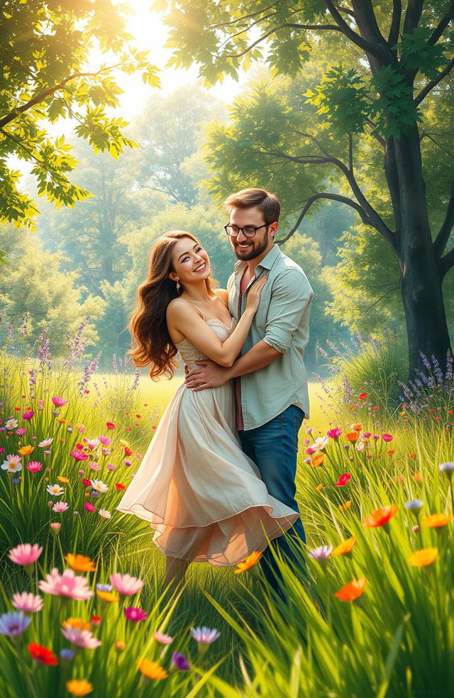 A stunning digital painting depicting a beautiful couple in a lush, vibrant natural setting