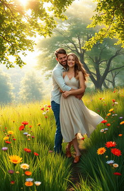 A stunning digital painting depicting a beautiful couple in a lush, vibrant natural setting