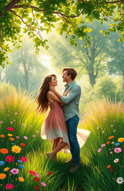 A stunning digital painting depicting a beautiful couple in a lush, vibrant natural setting