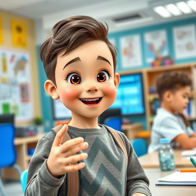 A charming and animated young boy with an attractive appearance, displaying a happy facial expression while engaged in conversation in a smart classroom setting