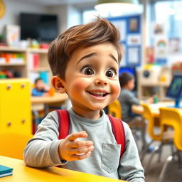A charming and animated young boy with an attractive appearance, displaying a happy facial expression while engaged in conversation in a smart classroom setting