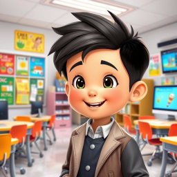 An adorable, animated young boy with a charming and beautiful appearance, engaged in conversation in a high-tech classroom