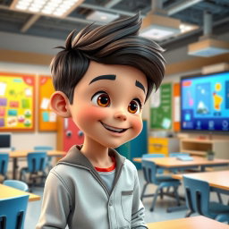 An adorable, animated young boy with a charming and beautiful appearance, engaged in conversation in a high-tech classroom