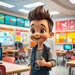 An adorable, animated young boy with a charming and beautiful appearance, engaged in conversation in a high-tech classroom