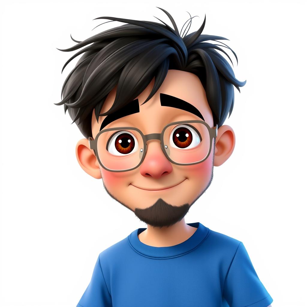 A Pixar-style animated character of a 37-year-old boy with short, thick, disheveled black hair, brown eyes, a big nose, and full lips