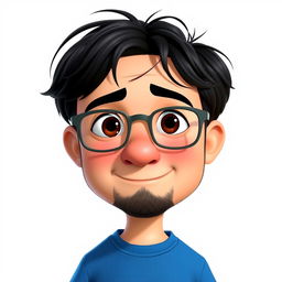 A Pixar-style animated character of a 37-year-old boy with short, thick, disheveled black hair, brown eyes, a big nose, and full lips