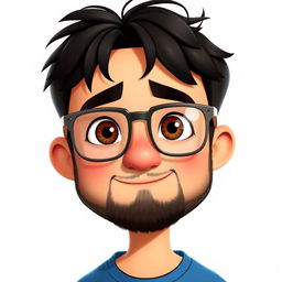 A Pixar-style animated character of a 37-year-old boy with short, thick, disheveled black hair, brown eyes, a big nose, and full lips