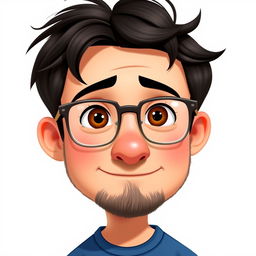 A Pixar-style animated character of a 37-year-old boy with short, thick, disheveled black hair, brown eyes, a big nose, and full lips