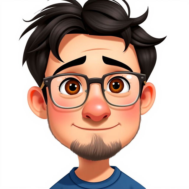 A Pixar-style animated character of a 37-year-old boy with short, thick, disheveled black hair, brown eyes, a big nose, and full lips