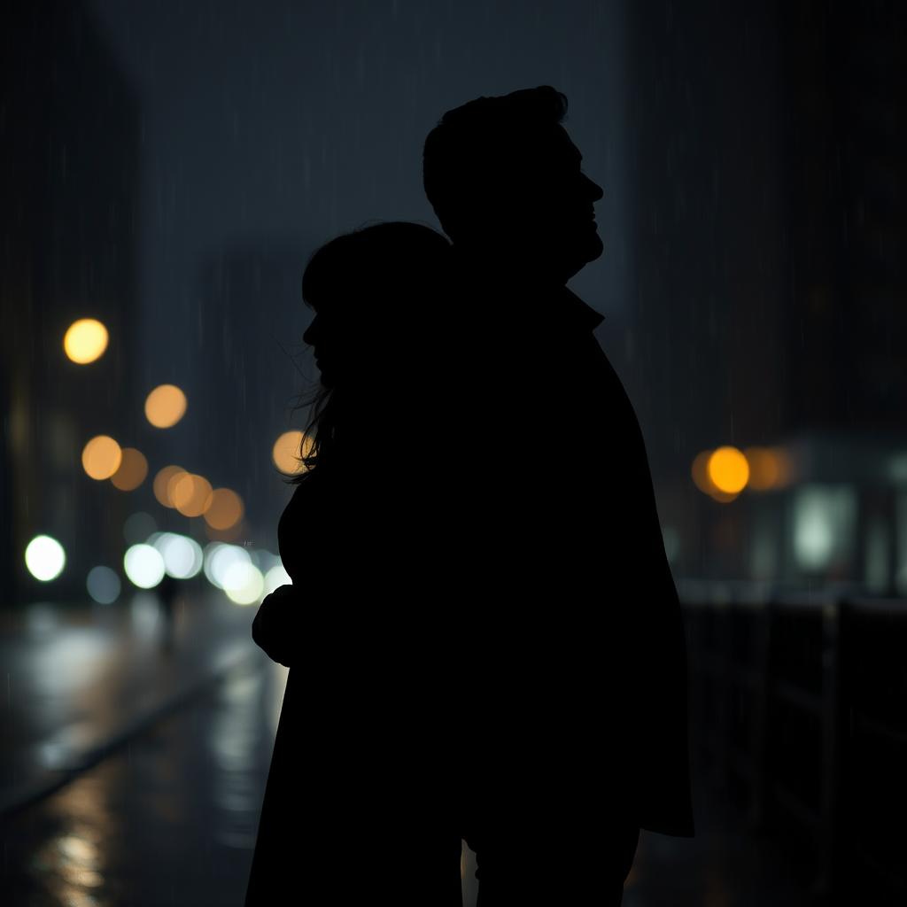 Silhouettes of a man and a woman in the rain, standing back to back