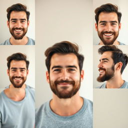 A portrait of a 29-year-old man with a beard and mustache, showcasing a variety of angles for profile picture selection