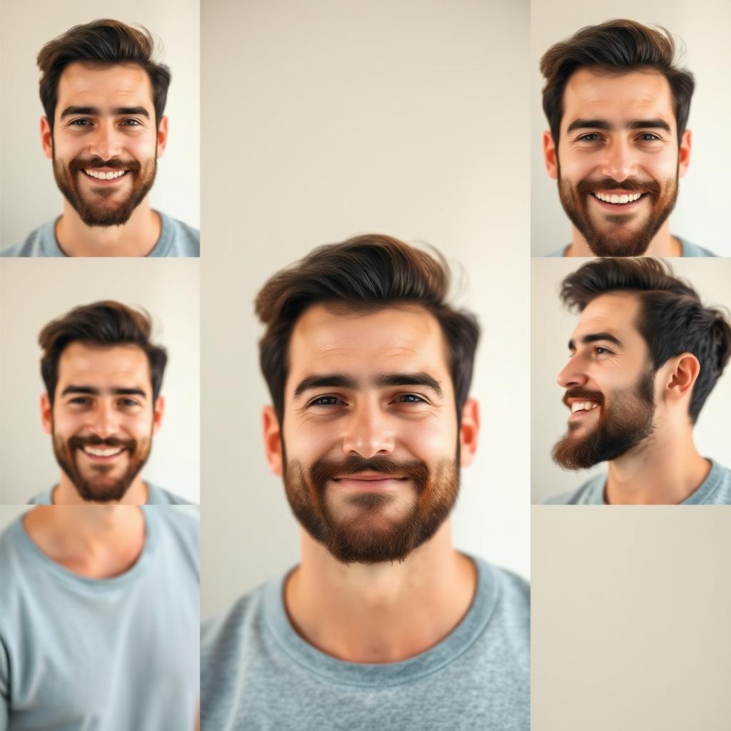 A portrait of a 29-year-old man with a beard and mustache, showcasing a variety of angles for profile picture selection