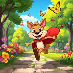 A vibrant illustration of a cartoon character sprinting joyfully through a colorful park