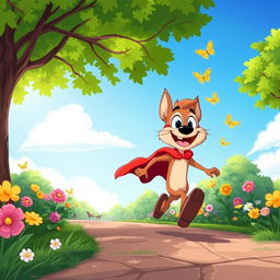 A vibrant illustration of a cartoon character sprinting joyfully through a colorful park
