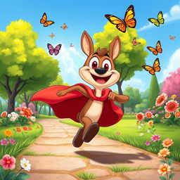 A vibrant illustration of a cartoon character sprinting joyfully through a colorful park