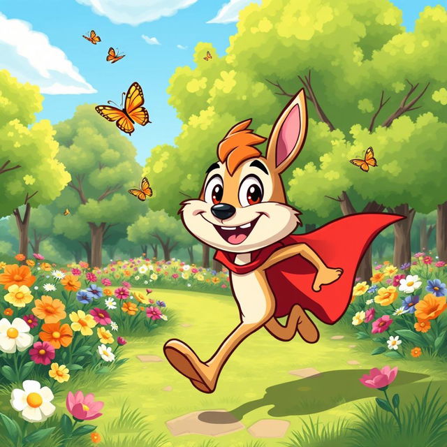 A vibrant illustration of a cartoon character sprinting joyfully through a colorful park