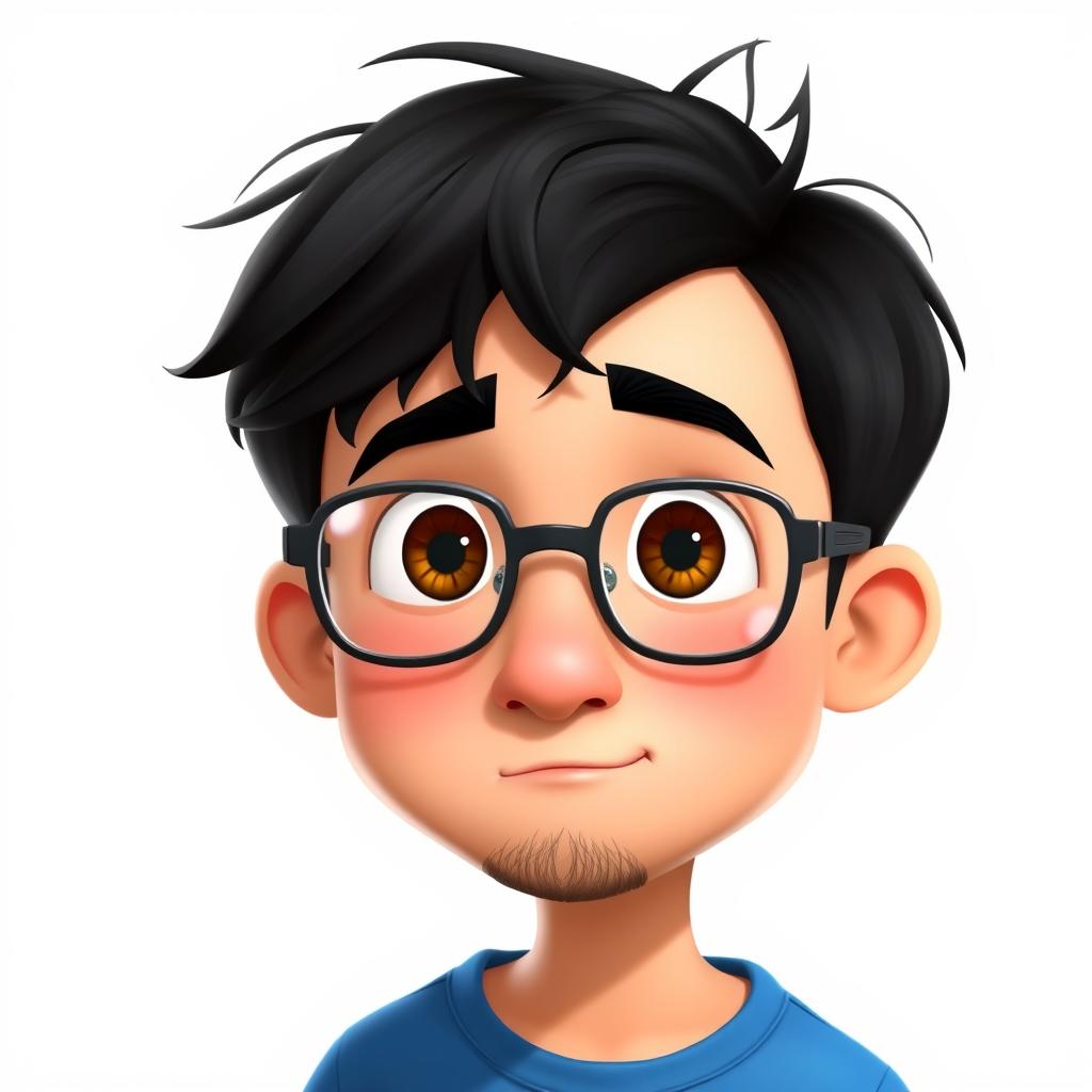 A Pixar-style animated character of a 37-year-old boy with short, thick, disheveled black hair, brown eyes, a big nose, and full lips