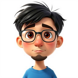 A Pixar-style animated character of a 37-year-old boy with short, thick, disheveled black hair, brown eyes, a big nose, and full lips