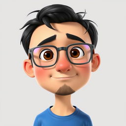 A Pixar-style animated character of a 37-year-old boy with short, thick, disheveled black hair, brown eyes, a big nose, and full lips
