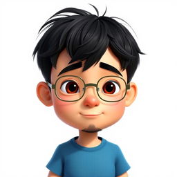 A Pixar-style animated character of a 37-year-old boy with short, thick, disheveled black hair, brown eyes, a big nose, and full lips