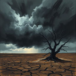 A visually striking representation of a metaphorical 'black day', showcasing a dramatic sky filled with dark storm clouds looming ominously over a desolate landscape