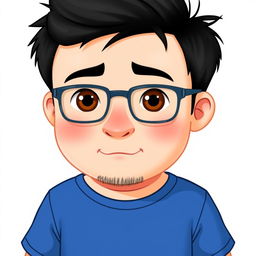 A Pixar-style animated character of a 37-year-old boy with short, thick, disheveled black hair, brown eyes, a big nose, and full lips