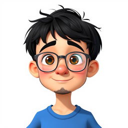 A Pixar-style animated character of a 37-year-old boy with short, thick, disheveled black hair, brown eyes, a big nose, and full lips