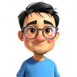 A Pixar-style animated character of a 37-year-old boy with short, thick, disheveled black hair, brown eyes, a big nose, and full lips