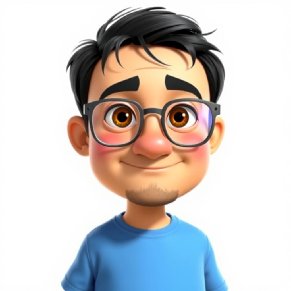 A Pixar-style animated character of a 37-year-old boy with short, thick, disheveled black hair, brown eyes, a big nose, and full lips