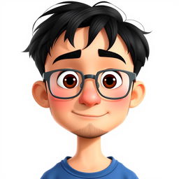 A Pixar-style animated character of a 37-year-old boy with short, thick, disheveled black hair, brown eyes, a big nose, and full lips