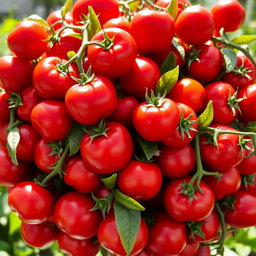A vibrant and lush bouquet made entirely of ripe, juicy tomatoes in various sizes and shades of red, with some green leaves peeking through for contrast