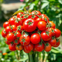 A vibrant and lush bouquet made entirely of ripe, juicy tomatoes in various sizes and shades of red, with some green leaves peeking through for contrast