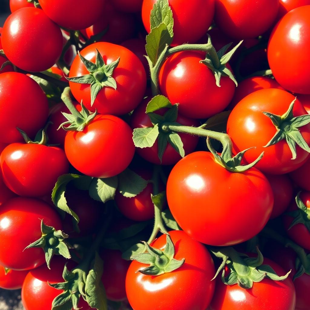 A vibrant and lush bouquet made entirely of ripe, juicy tomatoes in various sizes and shades of red, with some green leaves peeking through for contrast