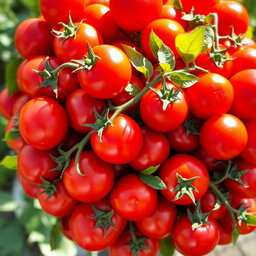 A vibrant and lush bouquet made entirely of ripe, juicy tomatoes in various sizes and shades of red, with some green leaves peeking through for contrast