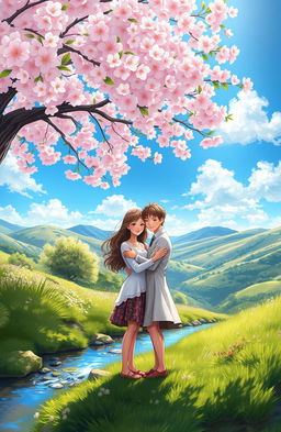 A digital painting depicting a beautiful couple standing under a blooming cherry blossom tree in a serene natural setting