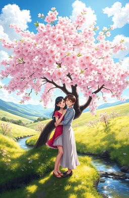 A digital painting depicting a beautiful couple standing under a blooming cherry blossom tree in a serene natural setting