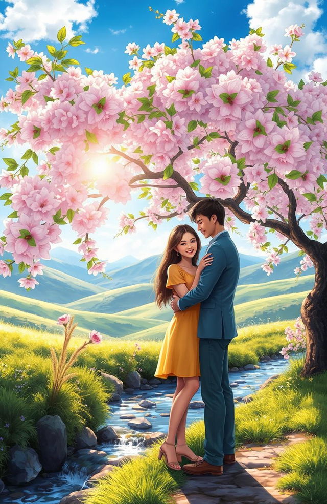 A digital painting depicting a beautiful couple standing under a blooming cherry blossom tree in a serene natural setting